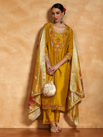 Varanga Women Floral Motif Thread Embroidered Yoke Kurta with Trouser & Dupatta